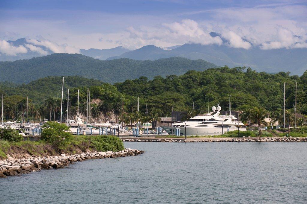 Chahue Marina in Huatulco, Mexico with Siera Madre Mountains on the horizon.