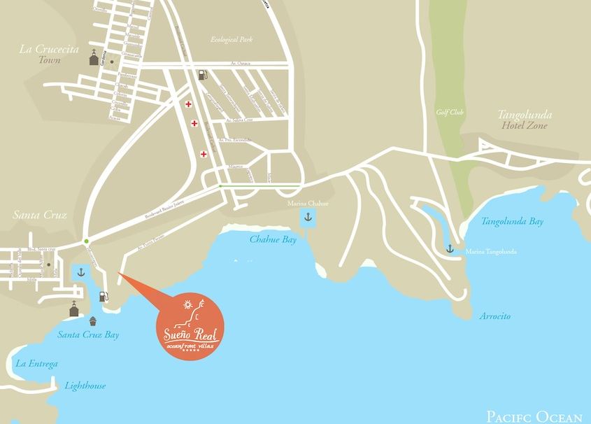 Location map, Sueno Real in Santa Cruz Bay Huatulco, Mexico.
